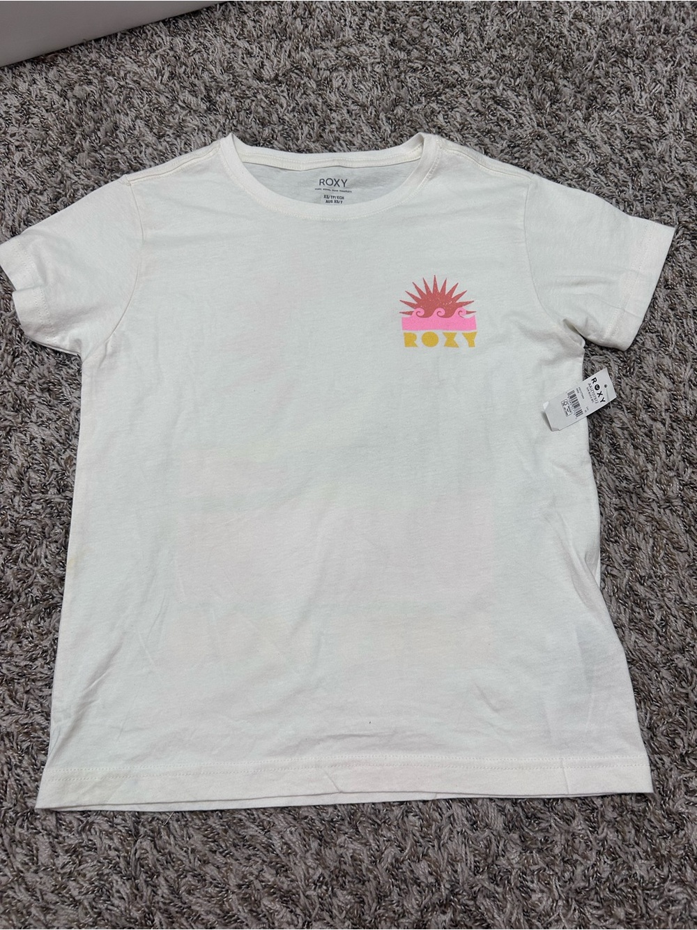 Roxy White Tee with Pink Sunburst and Yellow Logo